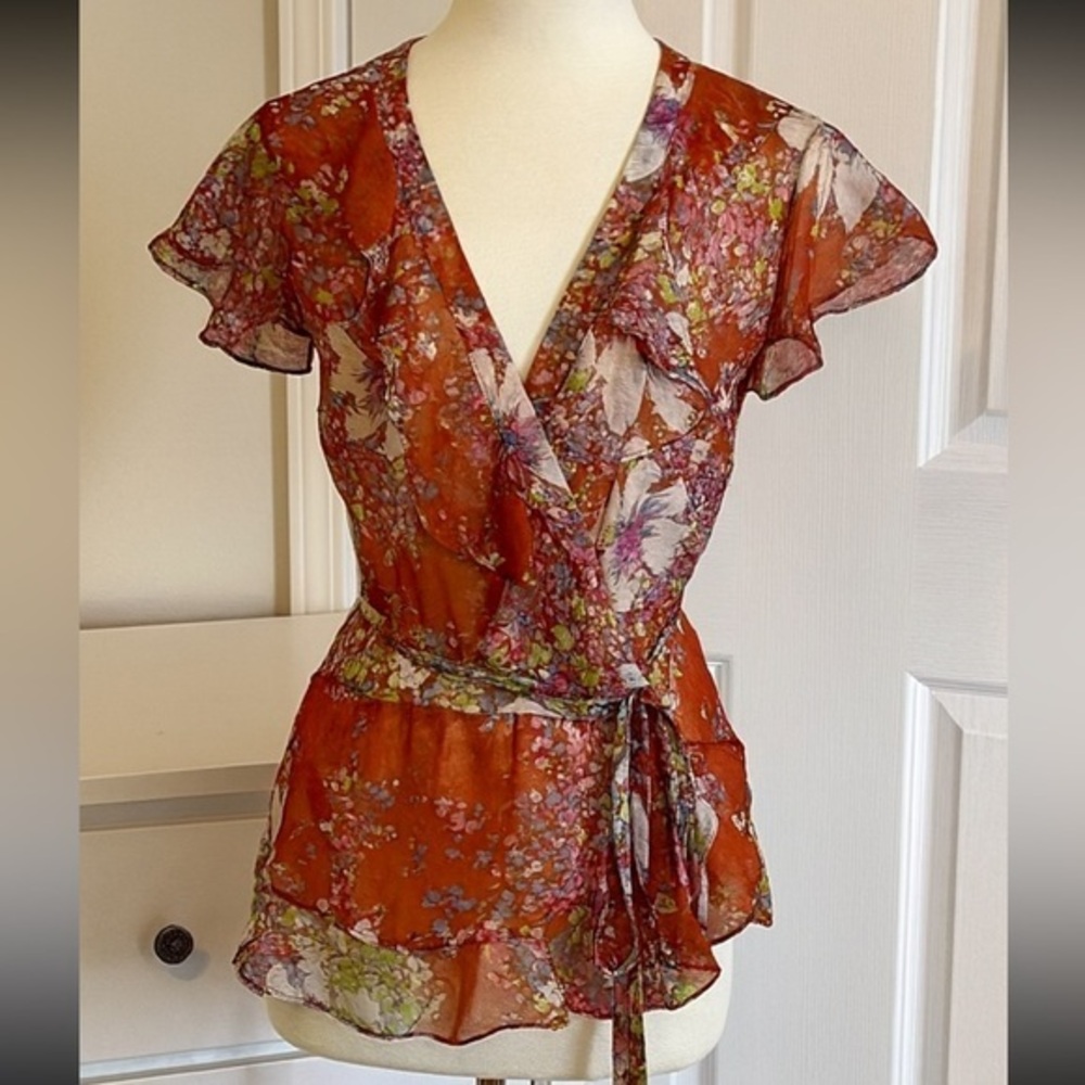 Downeast V-Neck Sheer Floral Orange Blouse Size XL EUC #2240